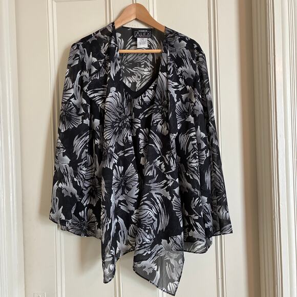 Alex Evenings Two Piece Top & Jacket 1X Black Floral Metallic Thread Detailing - Picture 1 of 10
